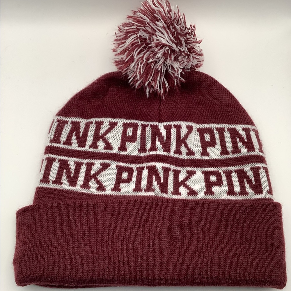 Victoria's Secret PINK Stocking Cap Winter Hat POM Beanie Knit Maroon White